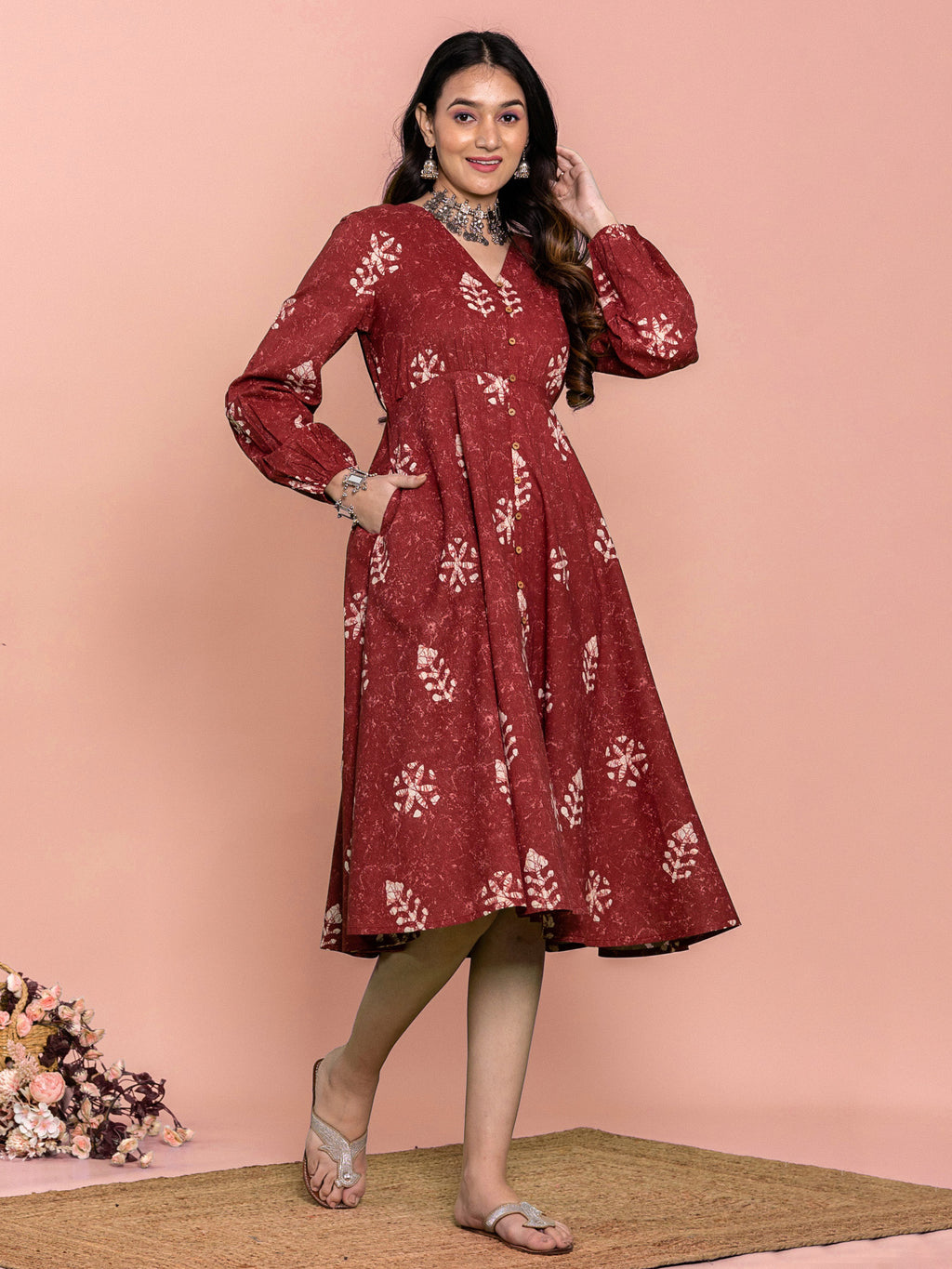 Maroon Cotton Floral Printed Flared Dress