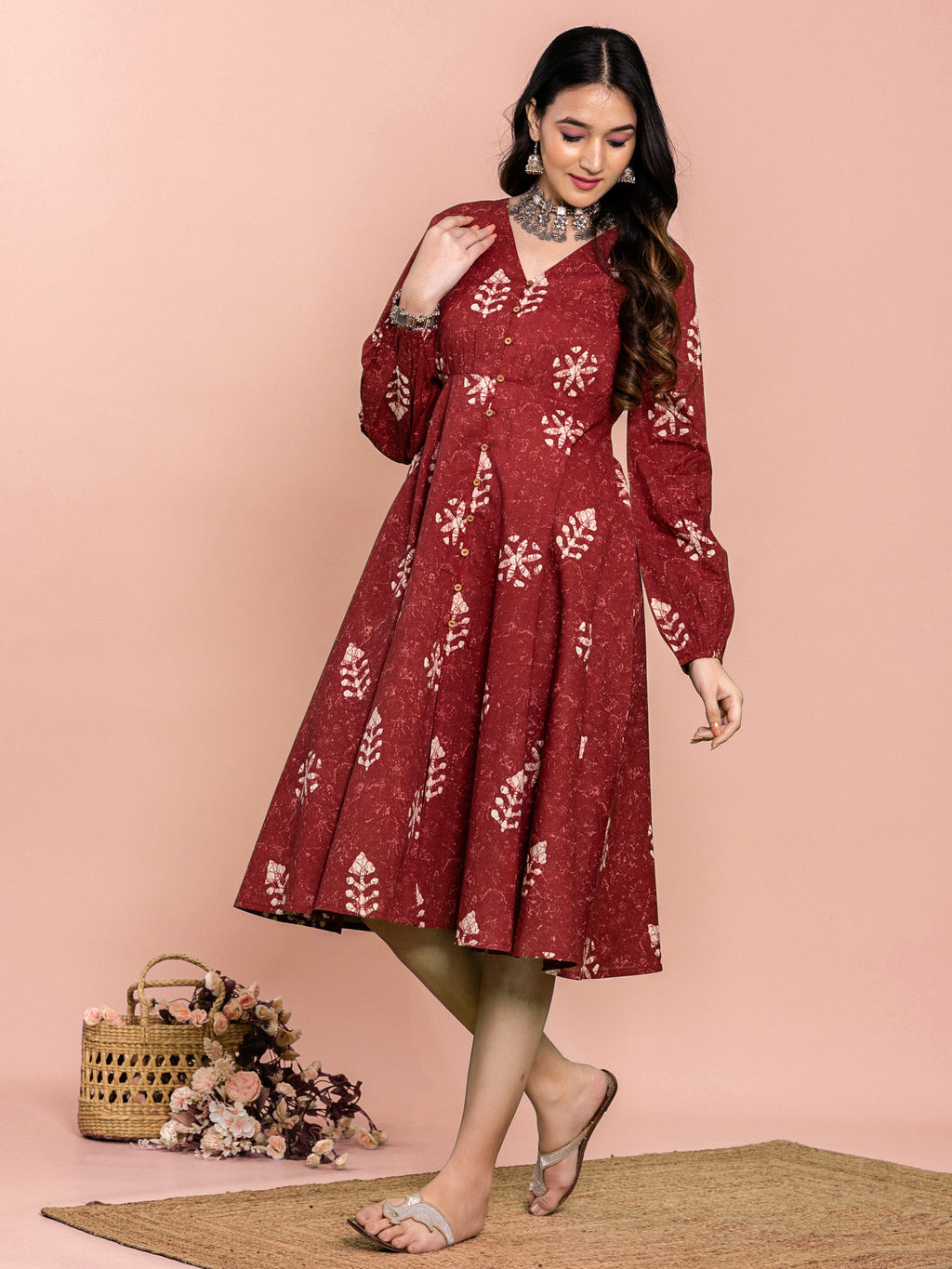 Maroon Cotton Floral Printed Flared Dress