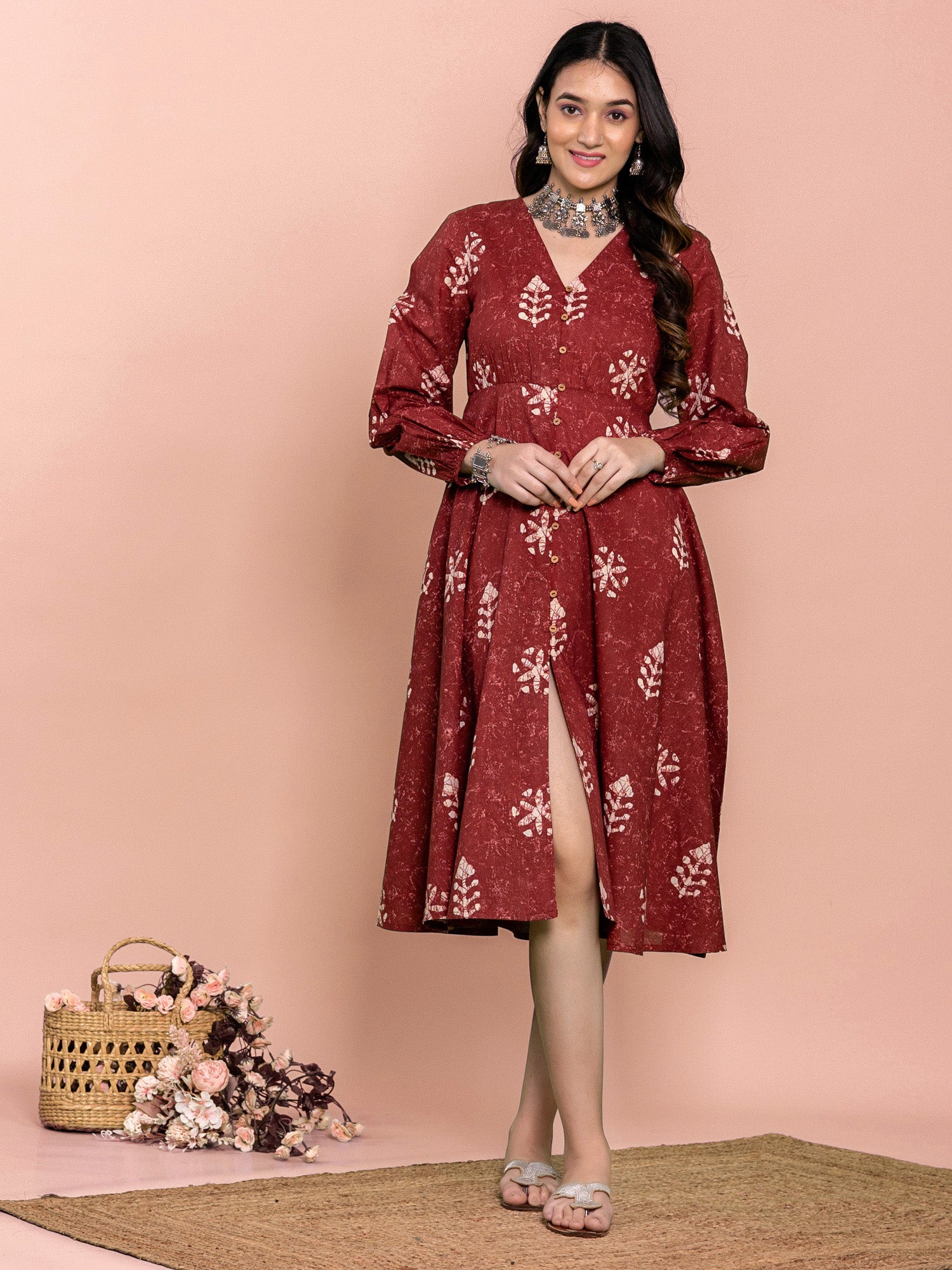 Maroon Cotton Floral Printed Flared Dress