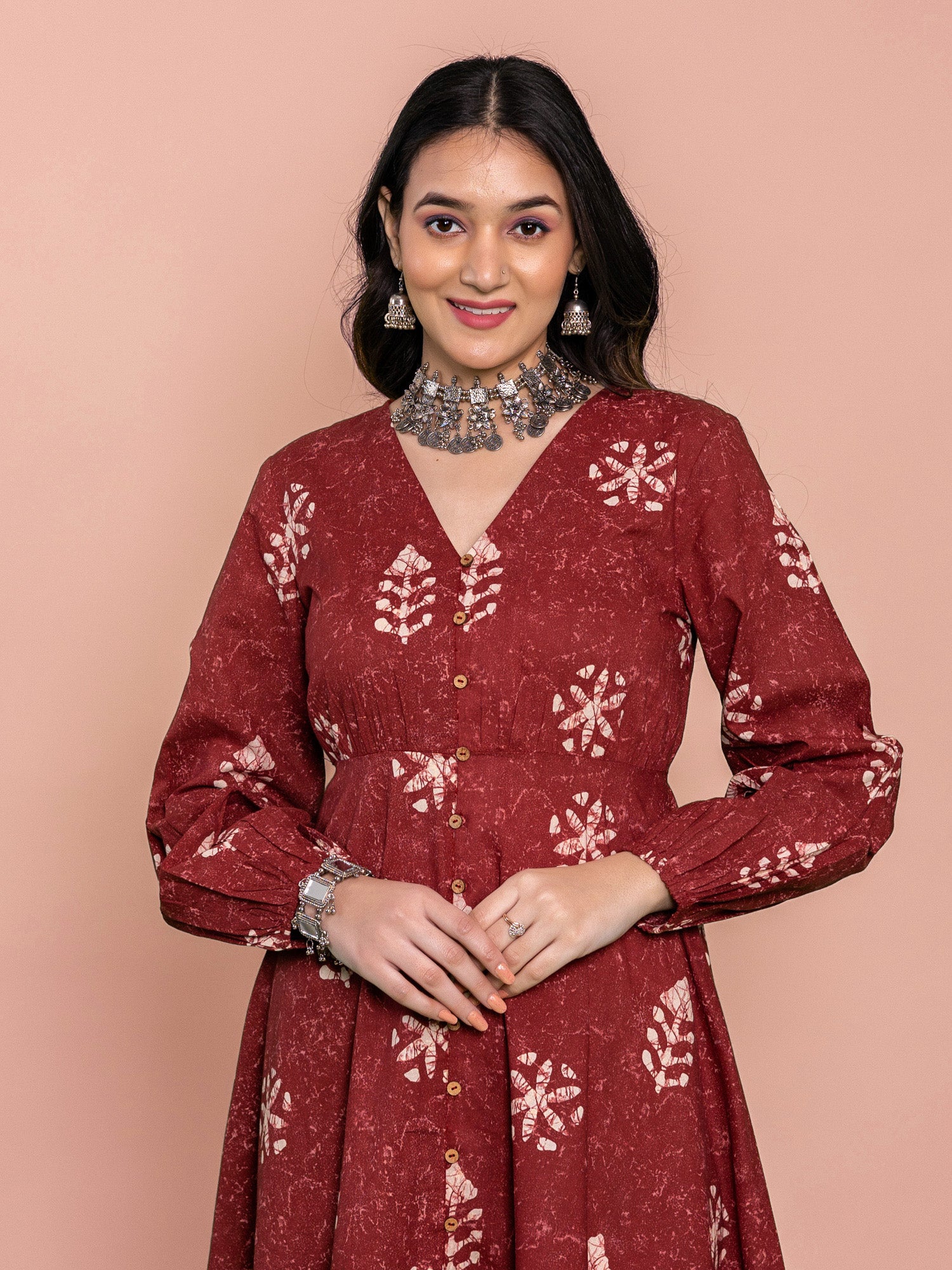 Maroon Cotton Floral Printed Flared Dress
