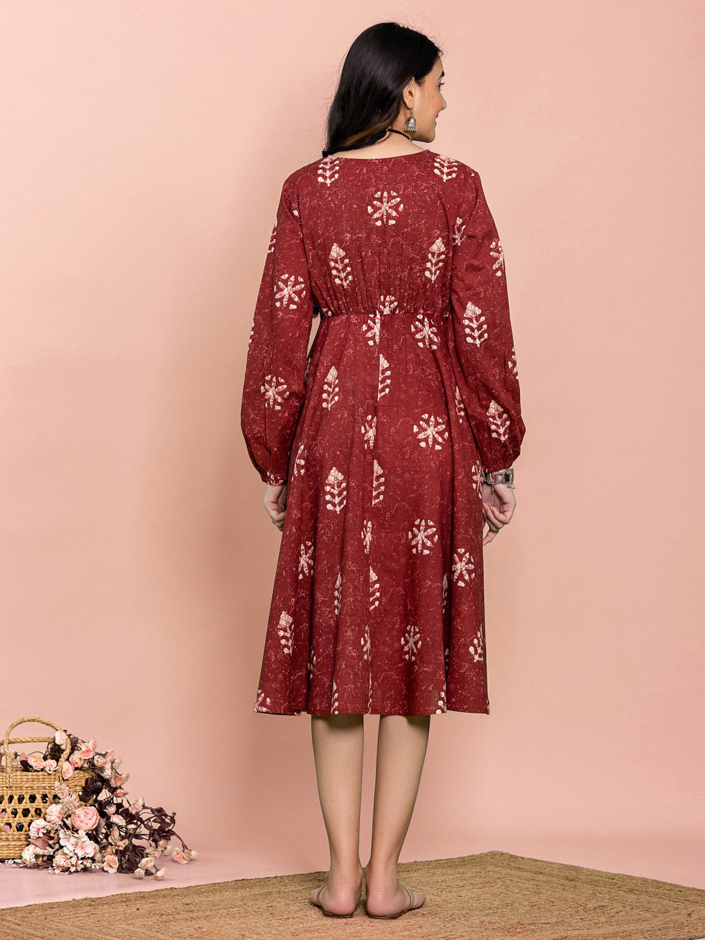 Maroon Cotton Floral Printed Flared Dress