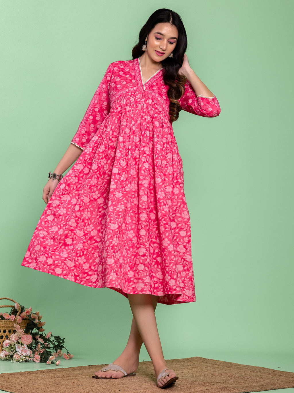 Pink Cotton Floral Printed A-line Dress