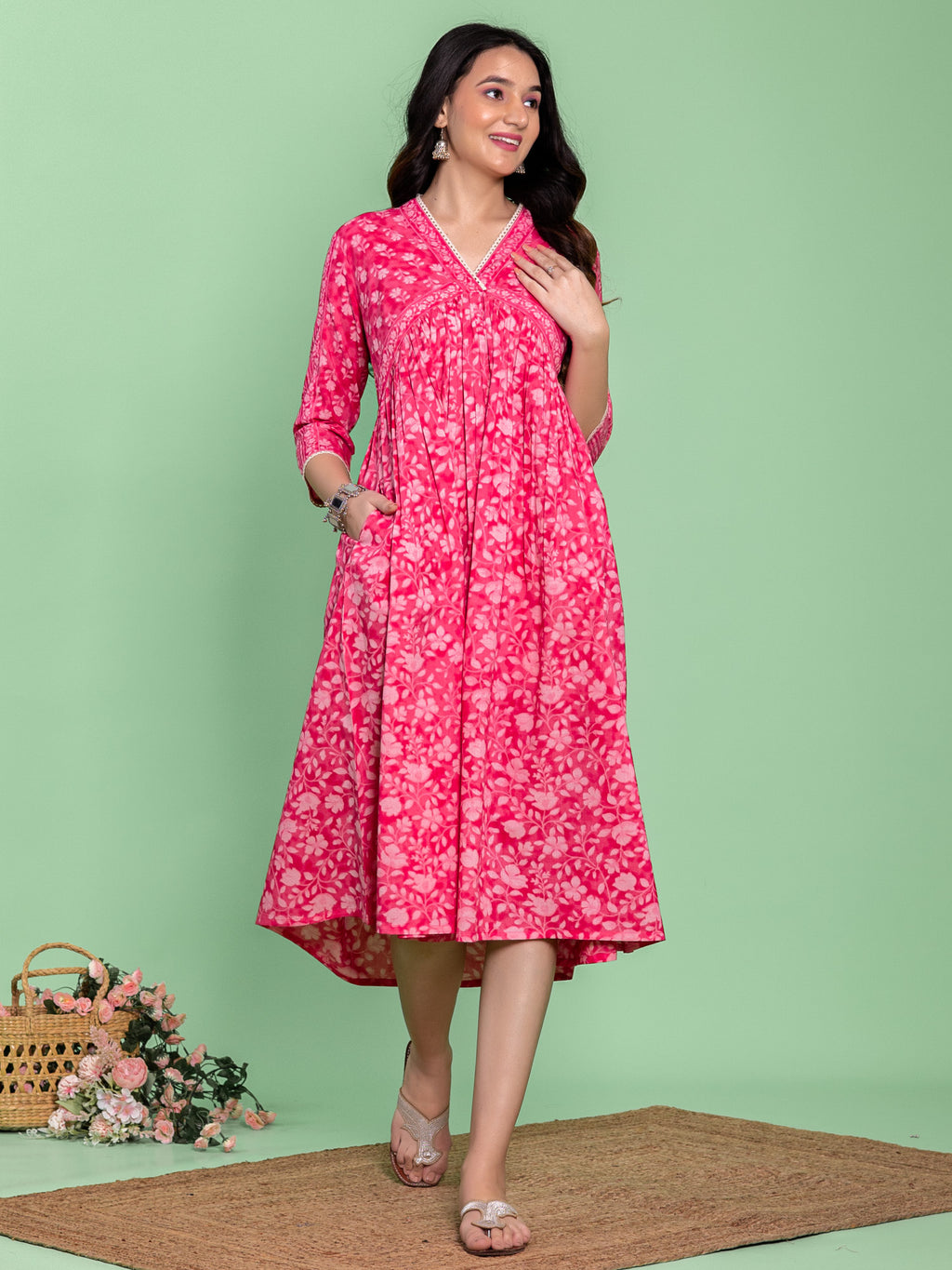 Pink Cotton Floral Printed A-line Dress