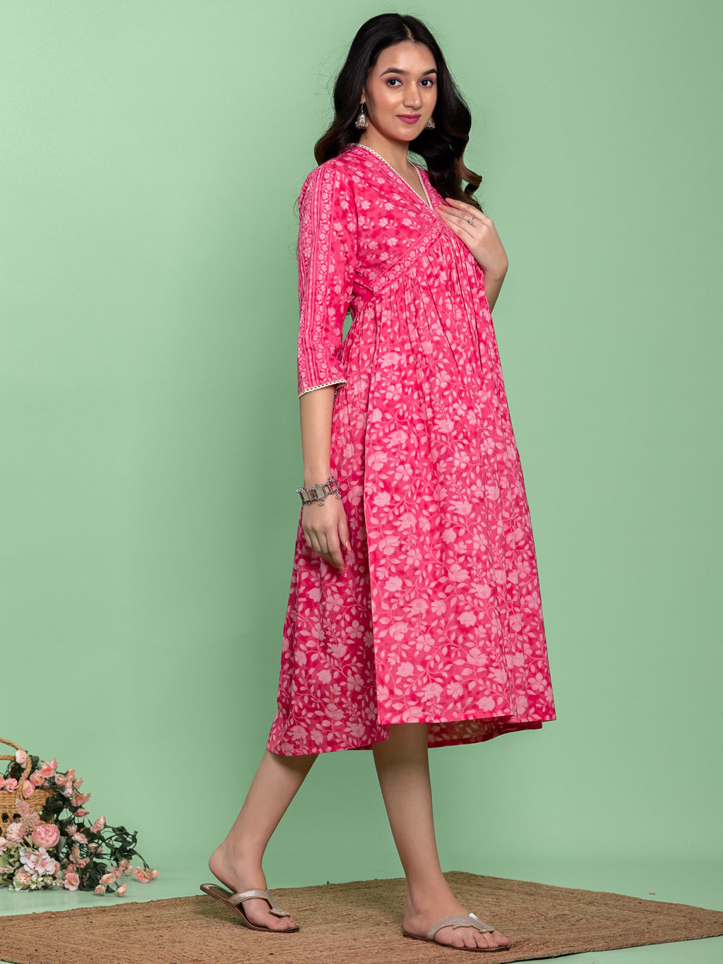 Pink Cotton Floral Printed A-line Dress