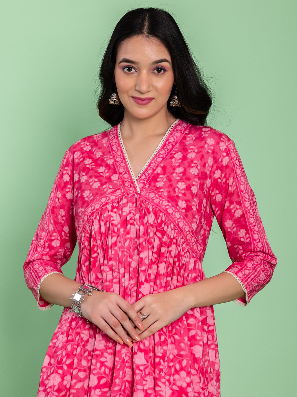 Pink Cotton Floral Printed A-line Dress