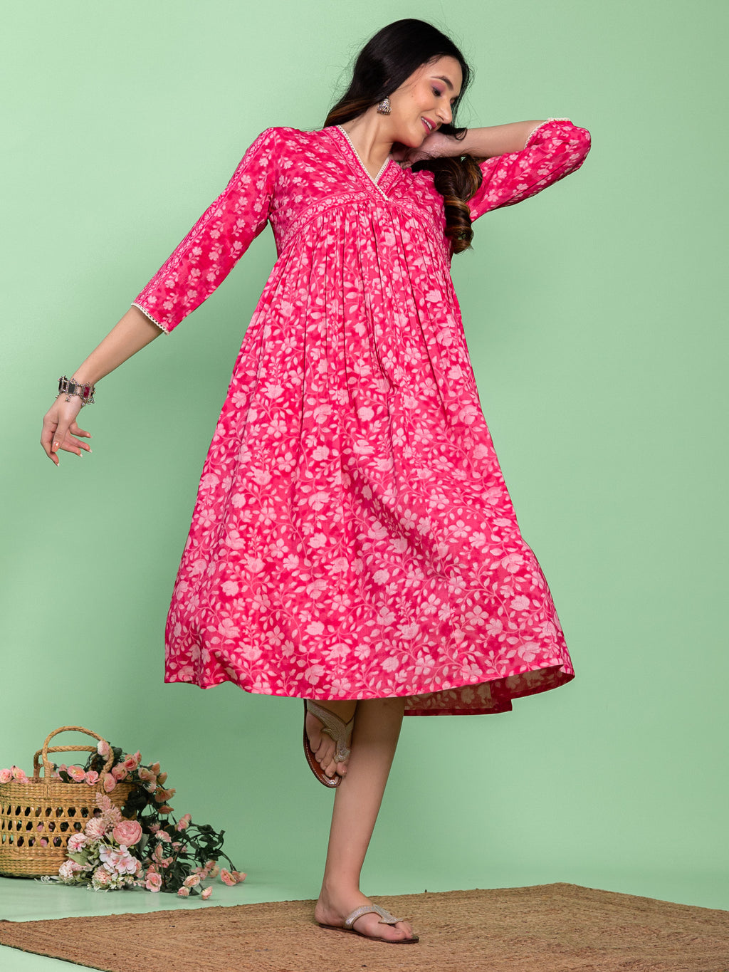 Pink Cotton Floral Printed A-line Dress