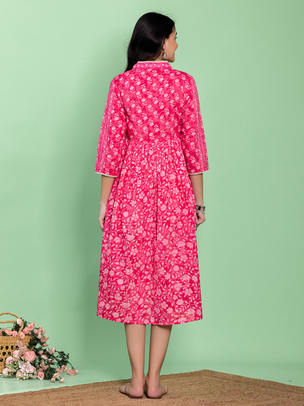 Pink Cotton Floral Printed A-line Dress