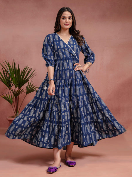 Indigo Cotton Printed Angrakha Dress