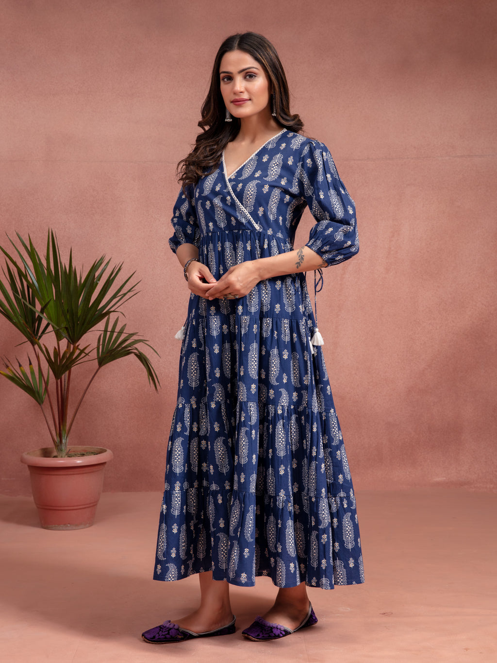 Indigo Cotton Printed Angrakha Dress