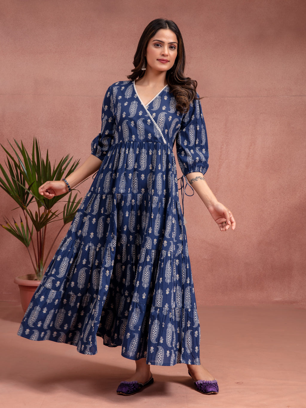 Indigo Cotton Printed Angrakha Dress