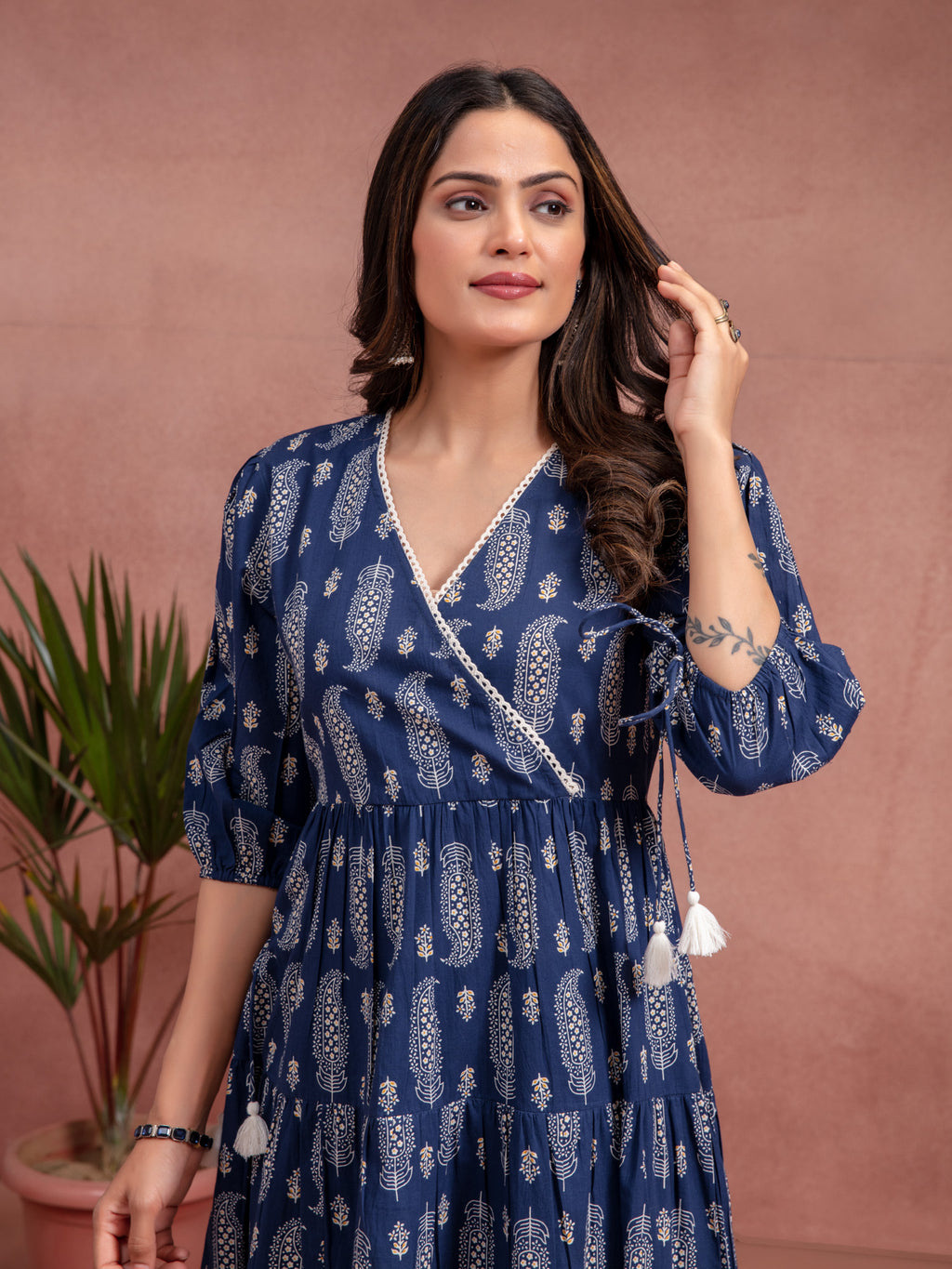 Indigo Cotton Printed Angrakha Dress