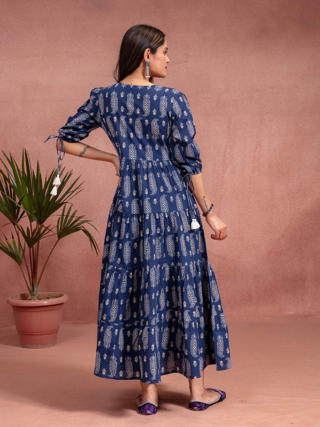 Indigo Cotton Printed Angrakha Dress