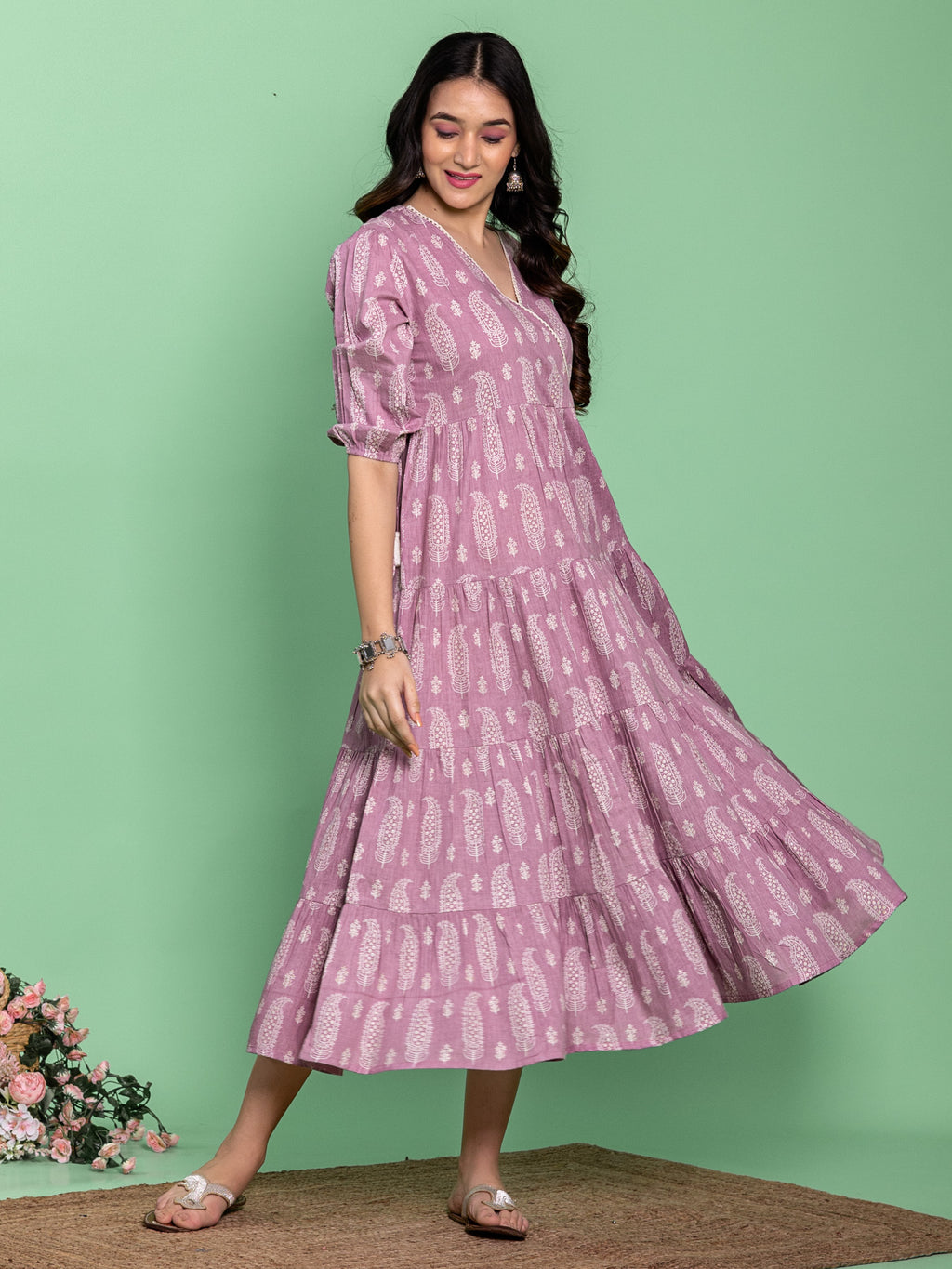 Lavender Cotton Printed Angrakha Dress