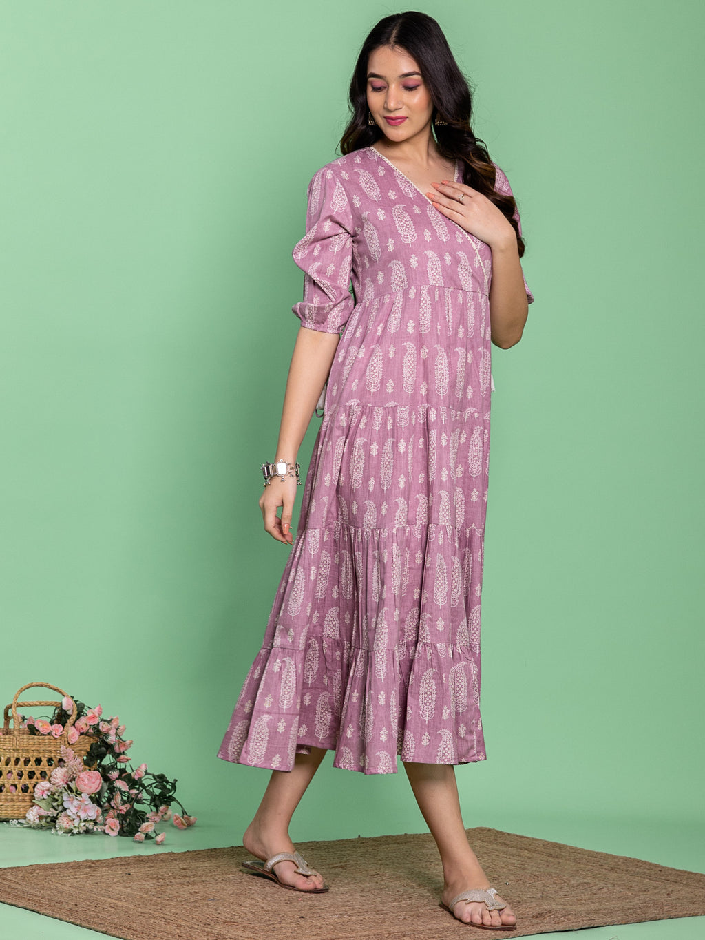 Lavender Cotton Printed Angrakha Dress