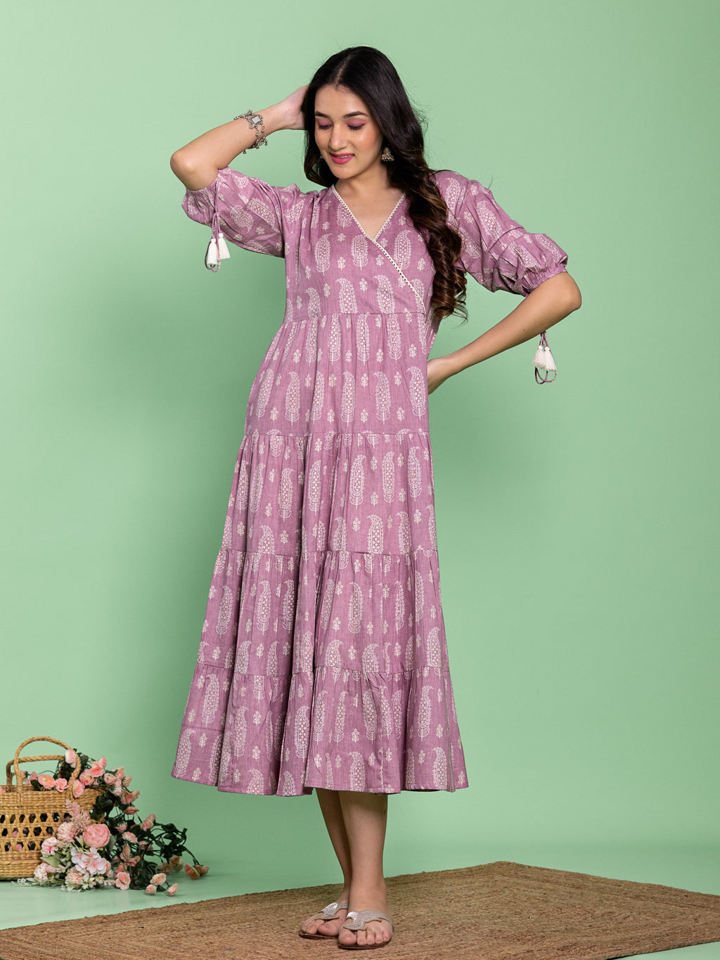 Lavender Cotton Printed Angrakha Dress