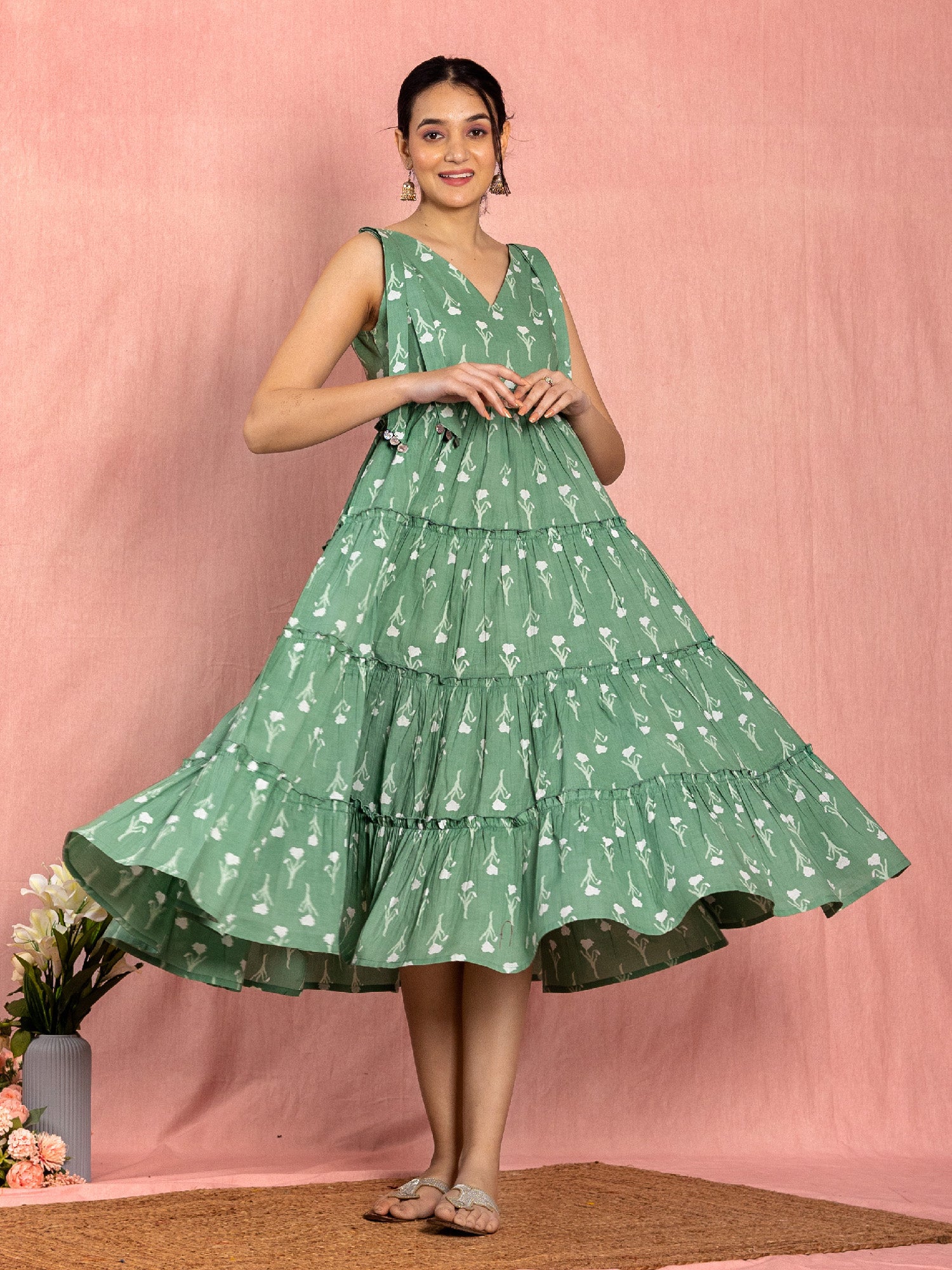 Green Cotton Floral Printed Tiered Dress