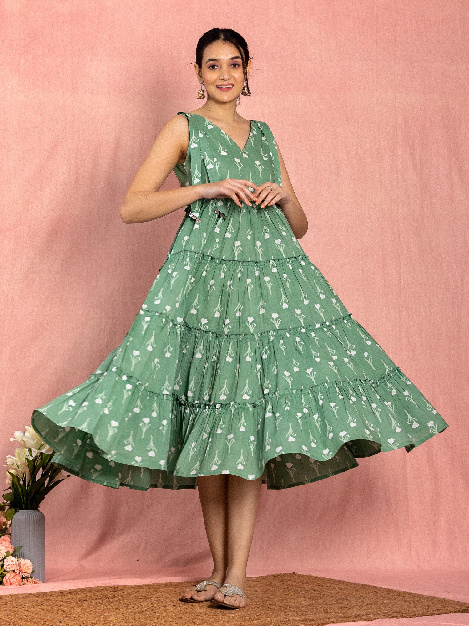 Green Cotton Floral Printed Tiered Dress