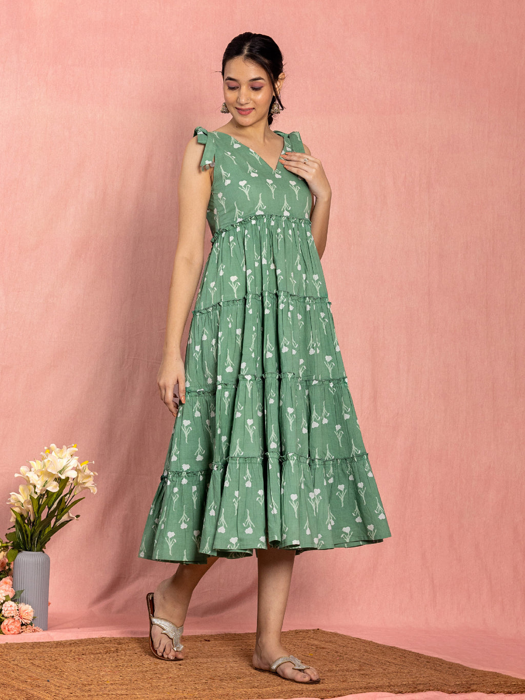 Green Cotton Floral Printed Tiered Dress