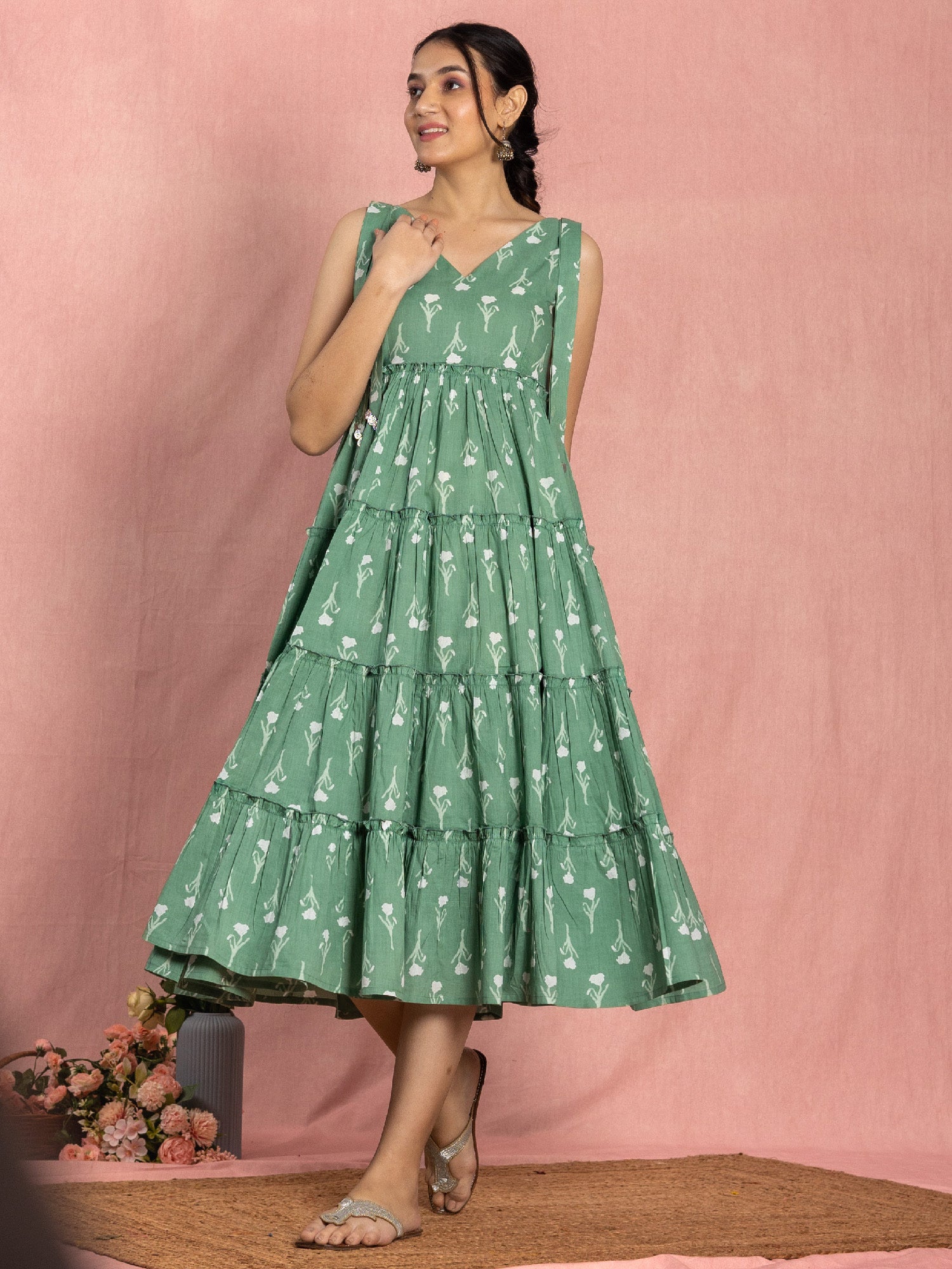 Green Cotton Floral Printed Tiered Dress