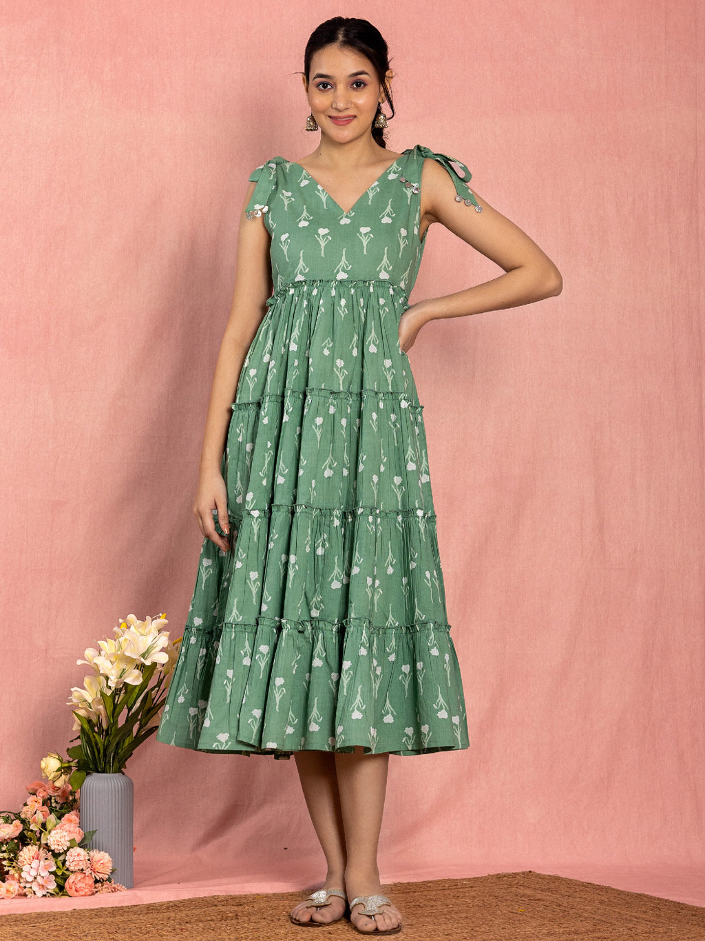 Green Cotton Floral Printed Tiered Dress