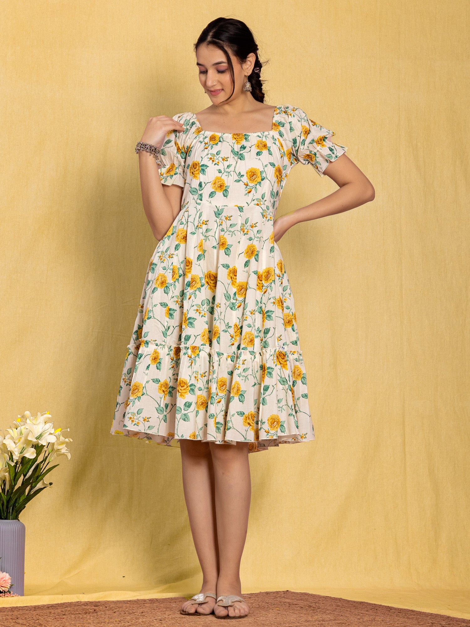 White Cotton Floral Printed Flared Dress