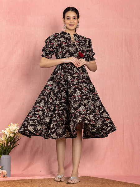 Black Cotton Floral Printed Flared Dress