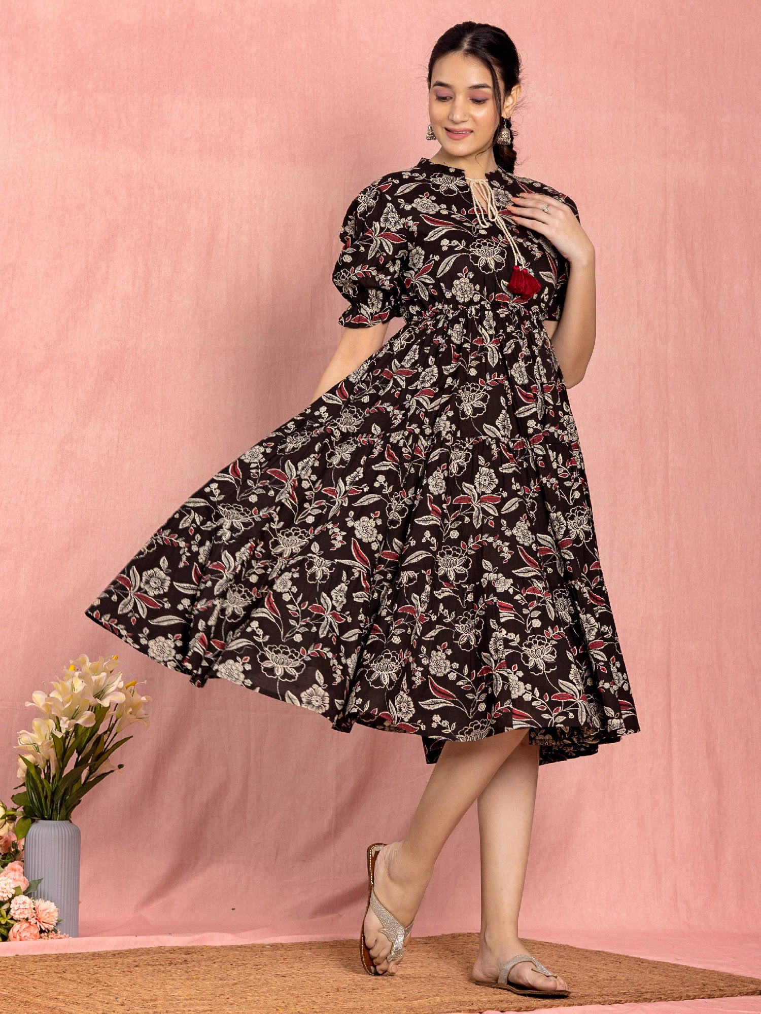 Black Cotton Floral Printed Flared Dress