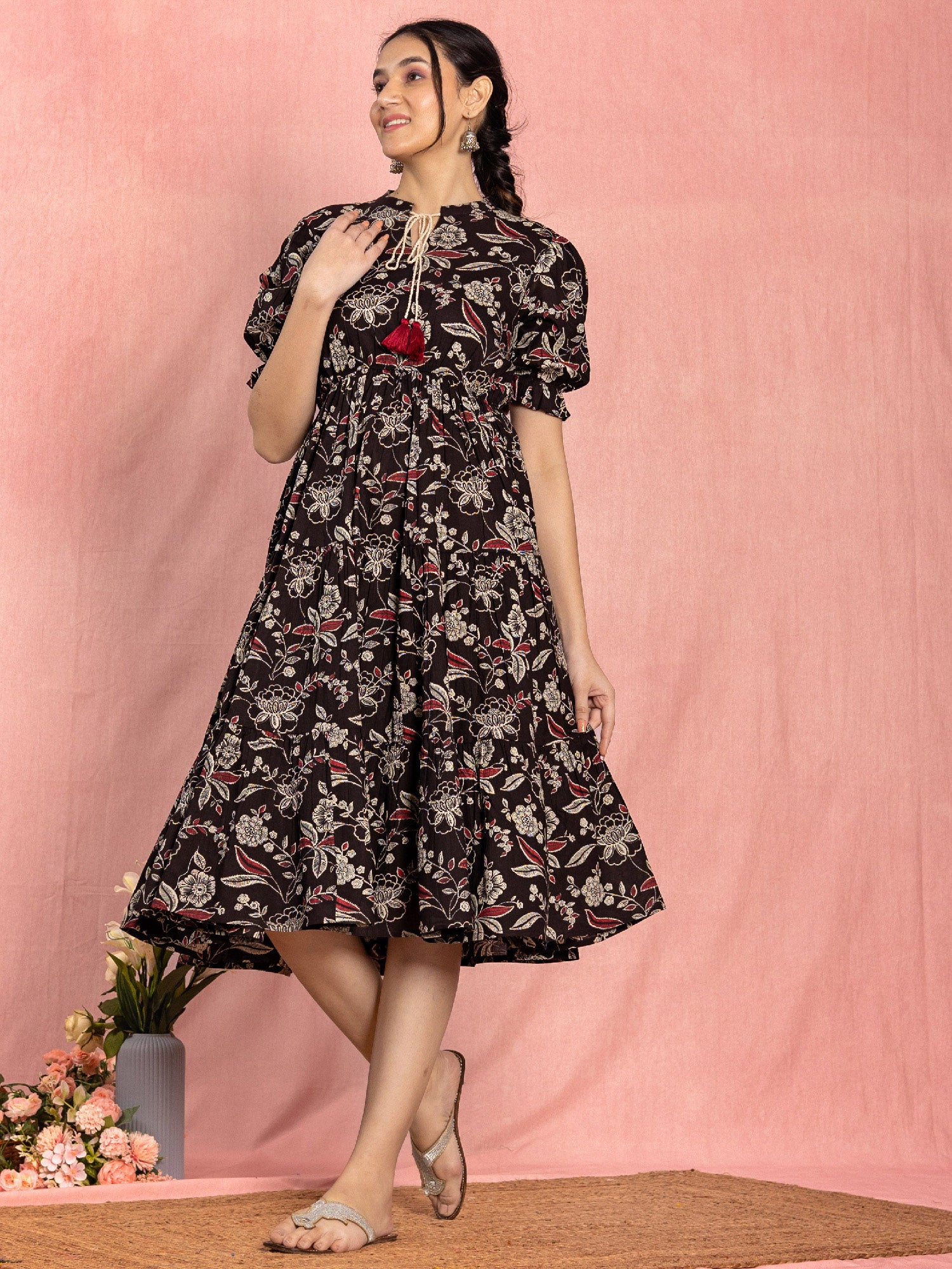 Black Cotton Floral Printed Flared Dress