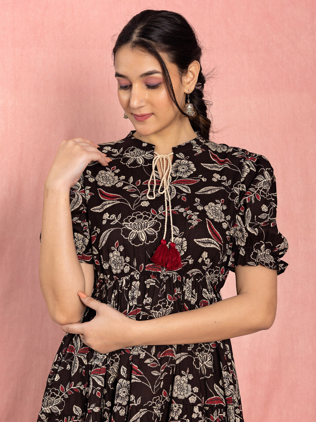 Black Cotton Floral Printed Flared Dress