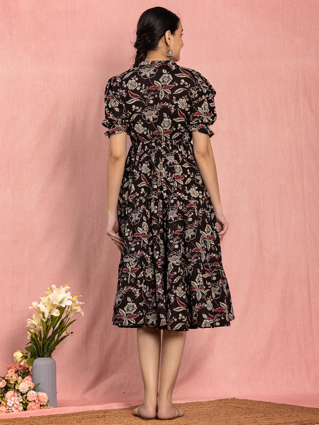 Black Cotton Floral Printed Flared Dress