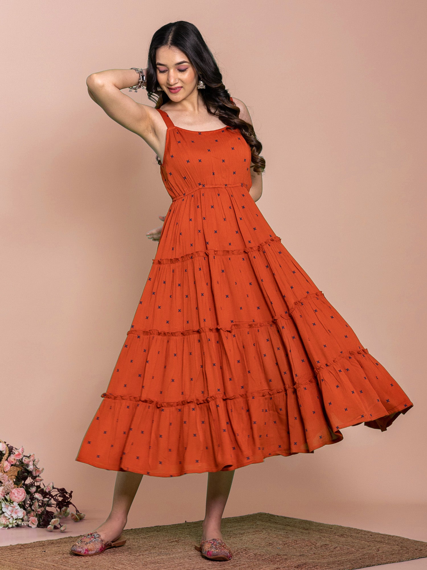 Rust Viscose Floral Printed Flared Dress