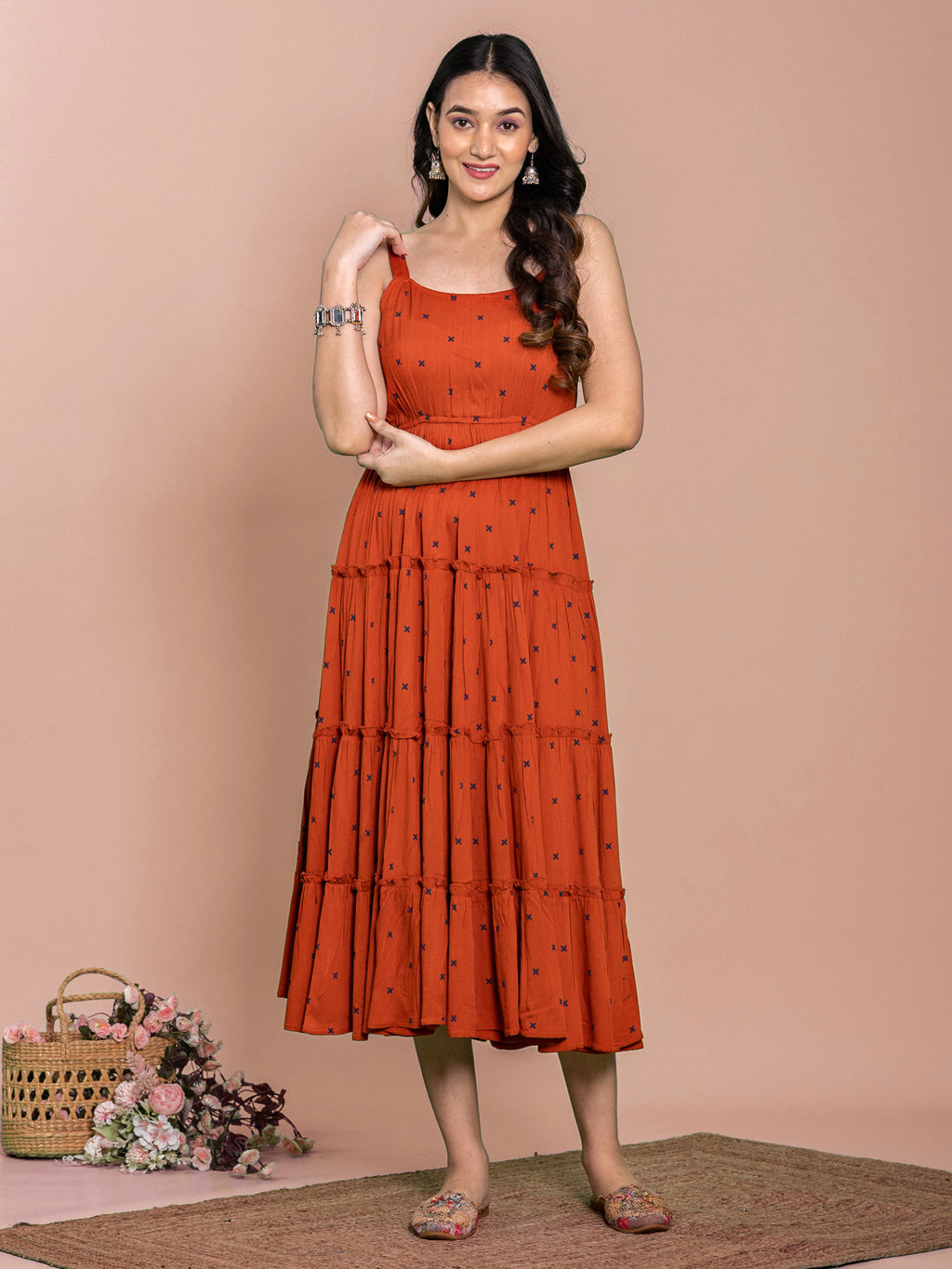 Rust Viscose Floral Printed Flared Dress