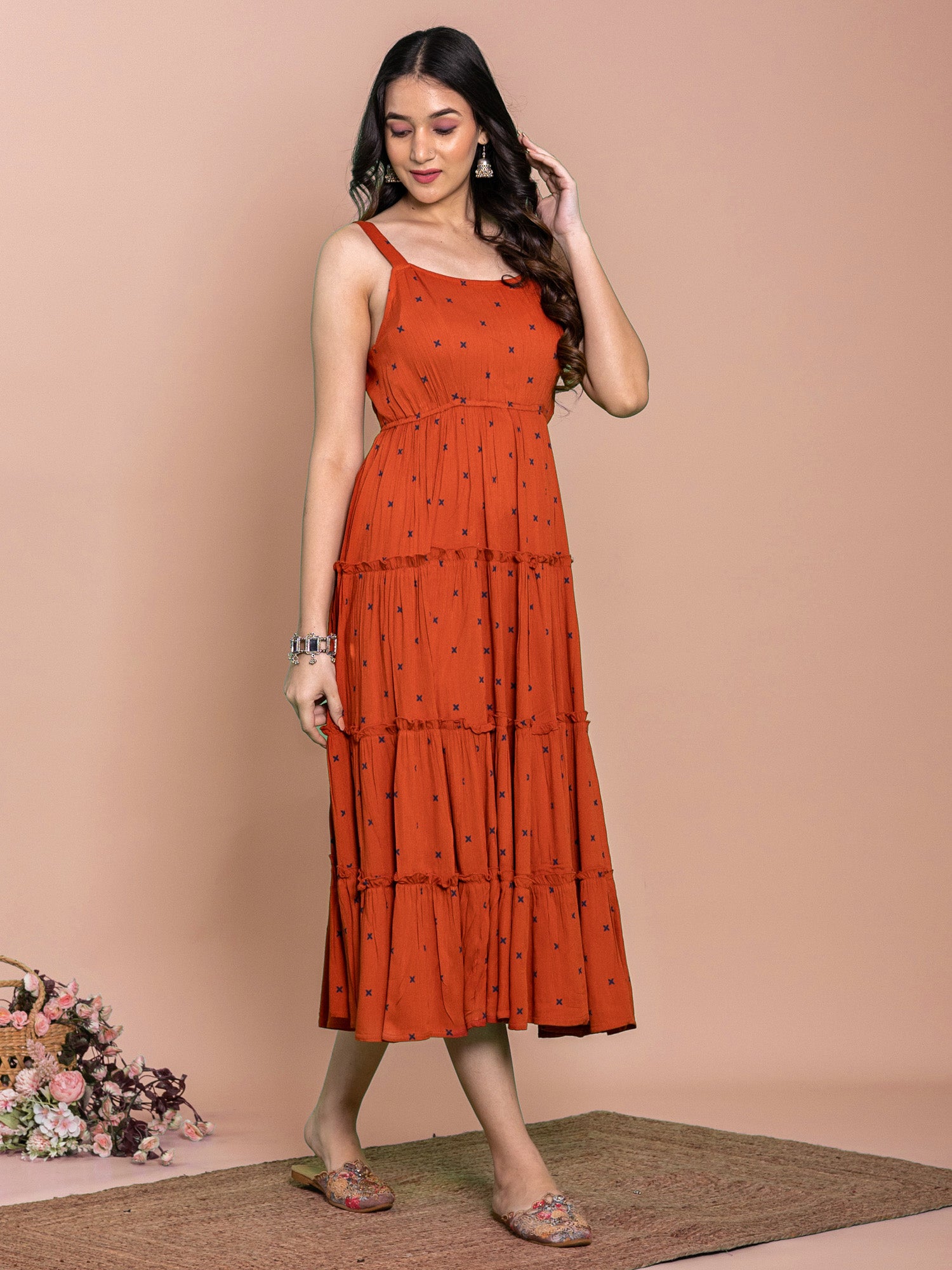 Rust Viscose Floral Printed Flared Dress