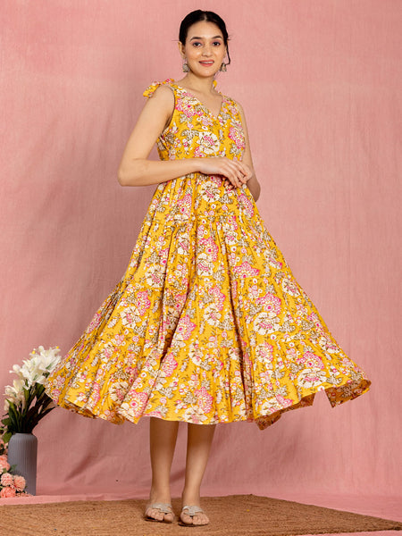 Yellow Cotton Floral Printed Flared Dress