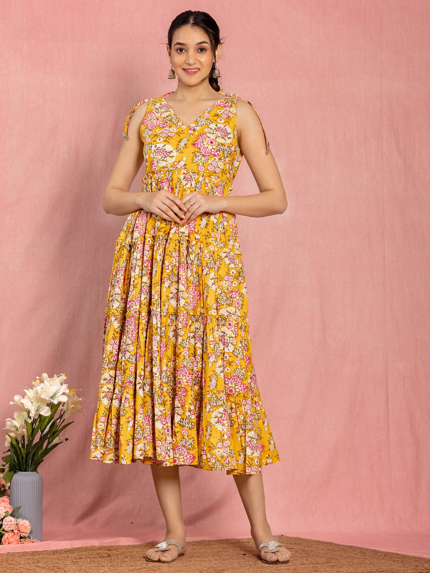Yellow Cotton Floral Printed Flared Dress
