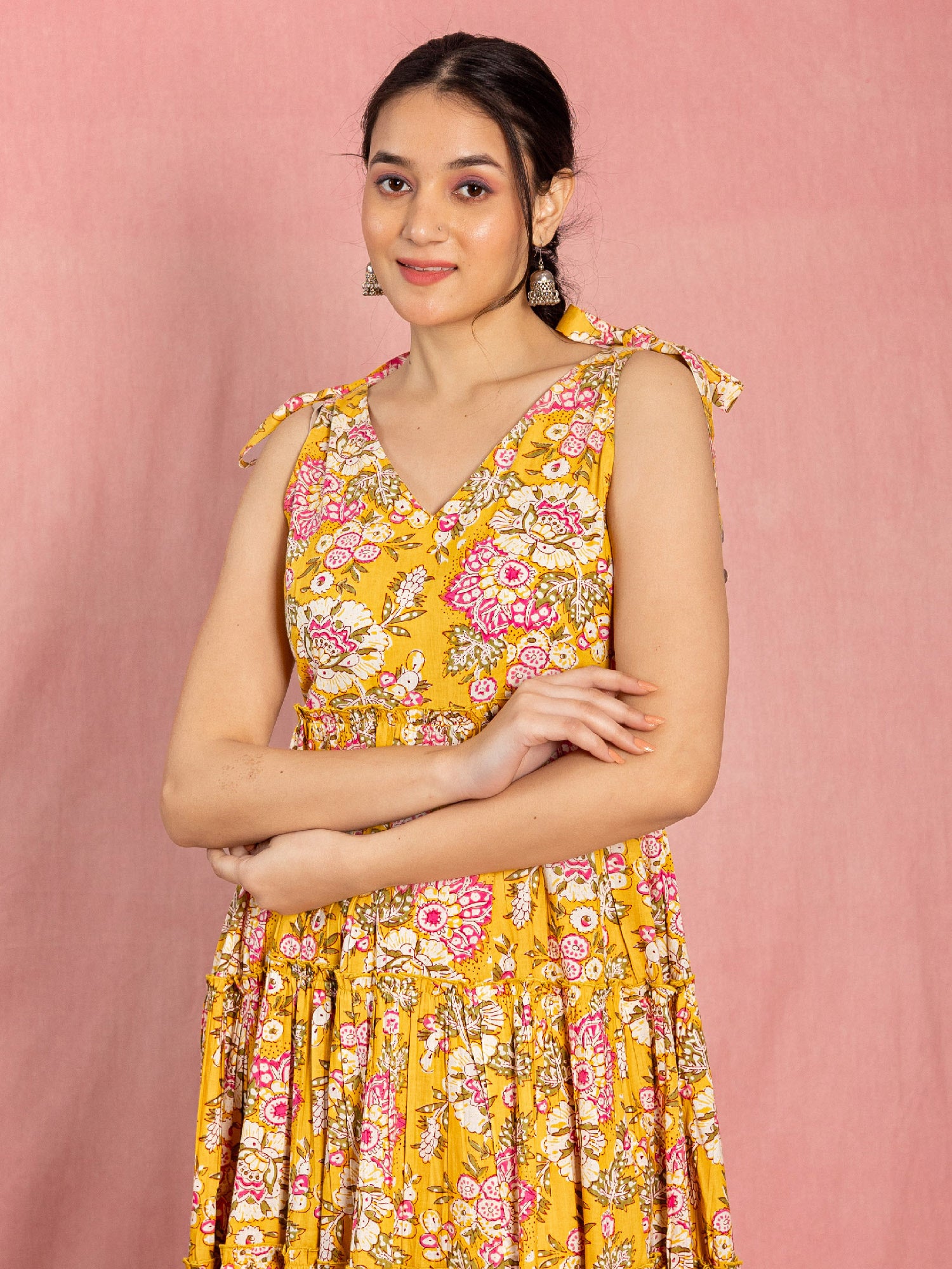 Yellow Cotton Floral Printed Flared Dress