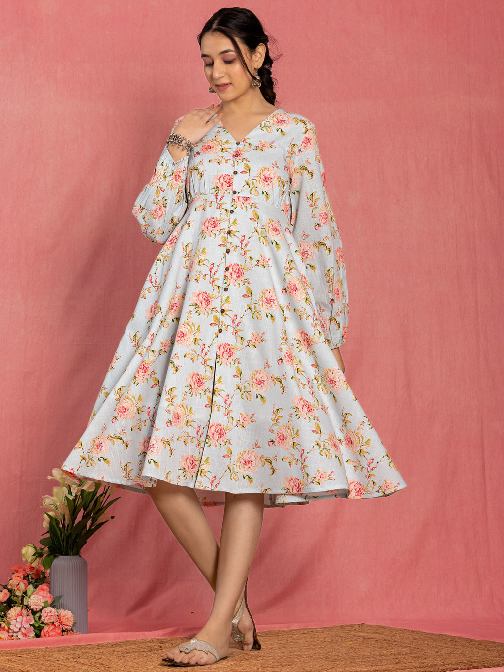 Pastel Blue Cotton Floral Printed Flared Dress