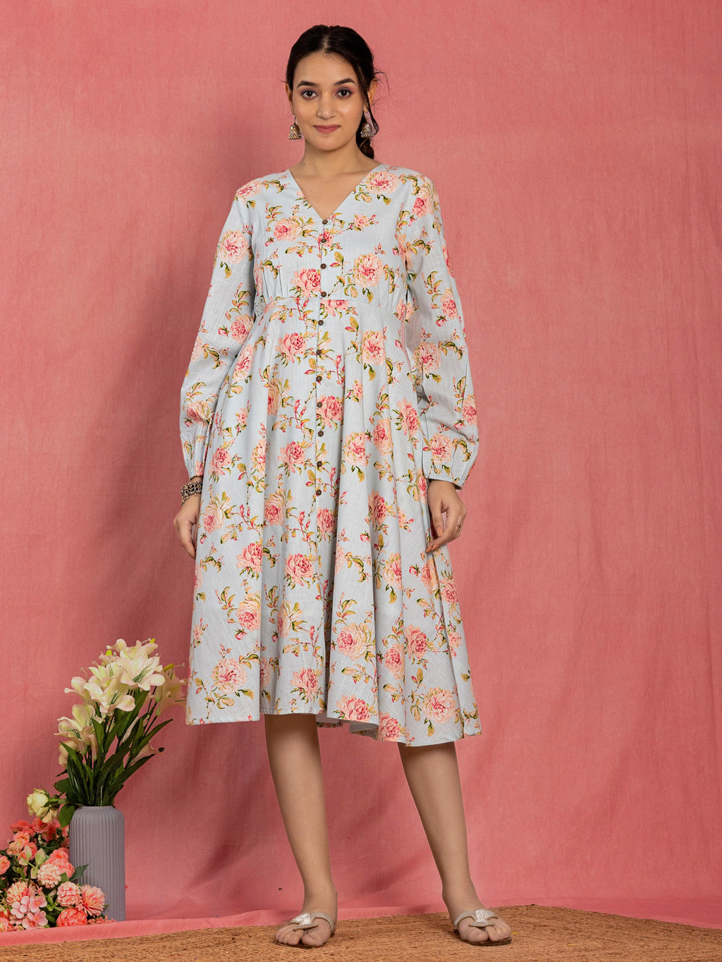 Pastel Blue Cotton Floral Printed Flared Dress