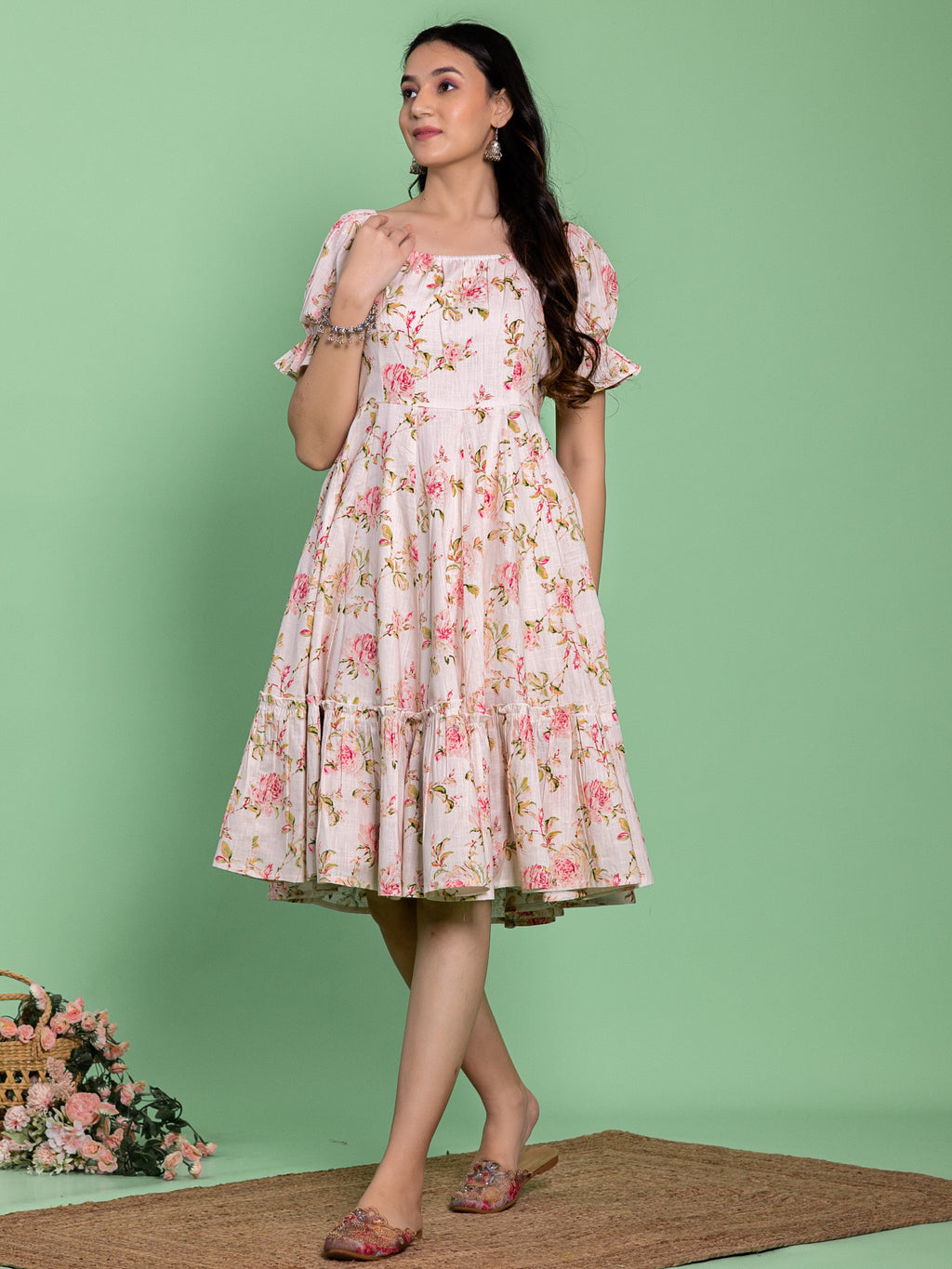 Off White Cotton Floral Printed Flared Dress