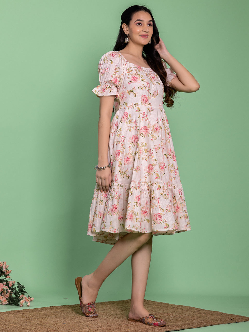 Off White Cotton Floral Printed Flared Dress