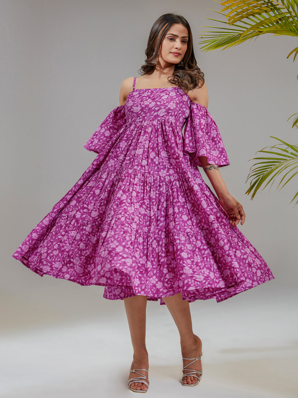 Pink Cotton Floral Printed Flared Dress