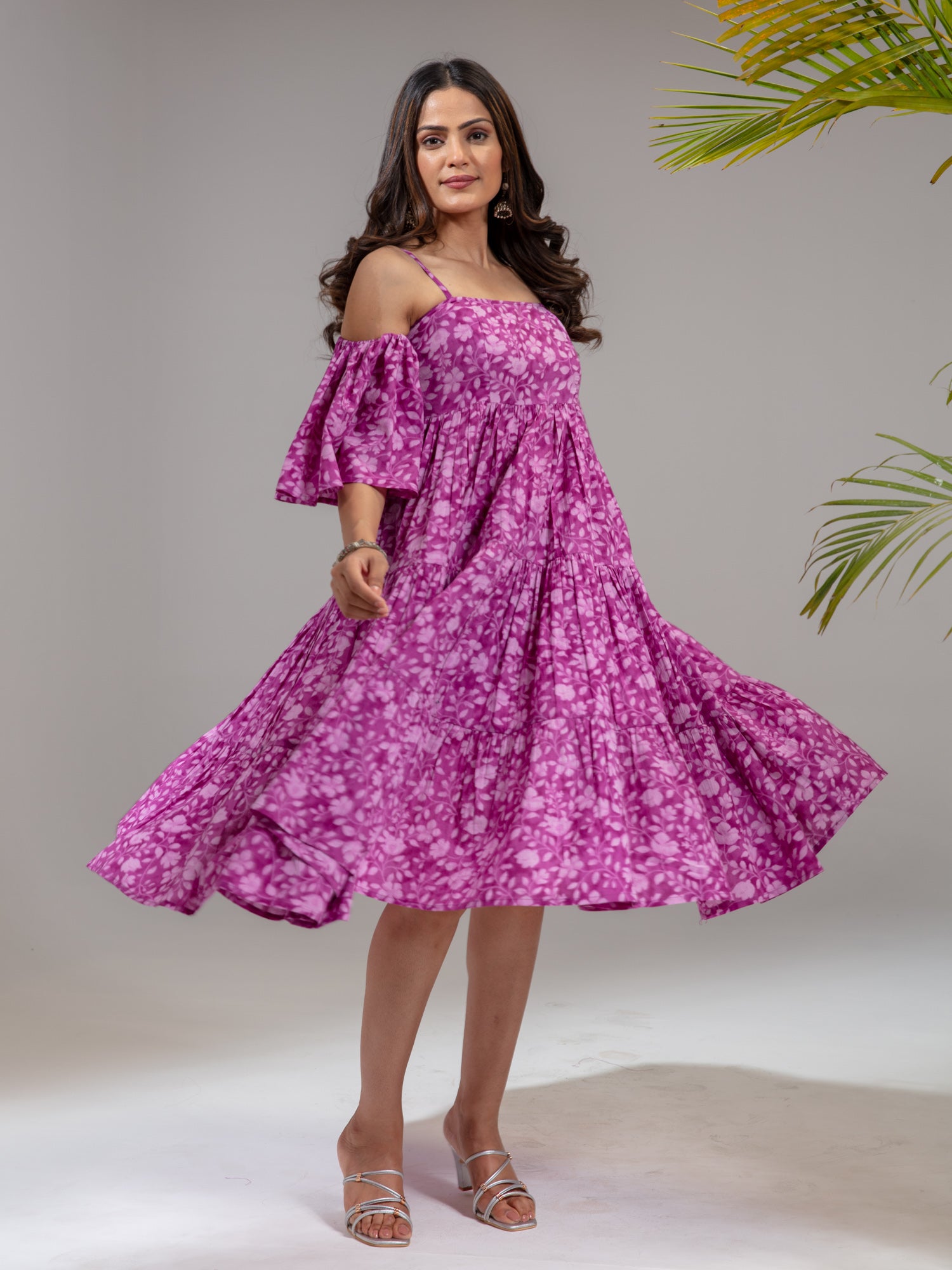 Pink Cotton Floral Printed Flared Dress