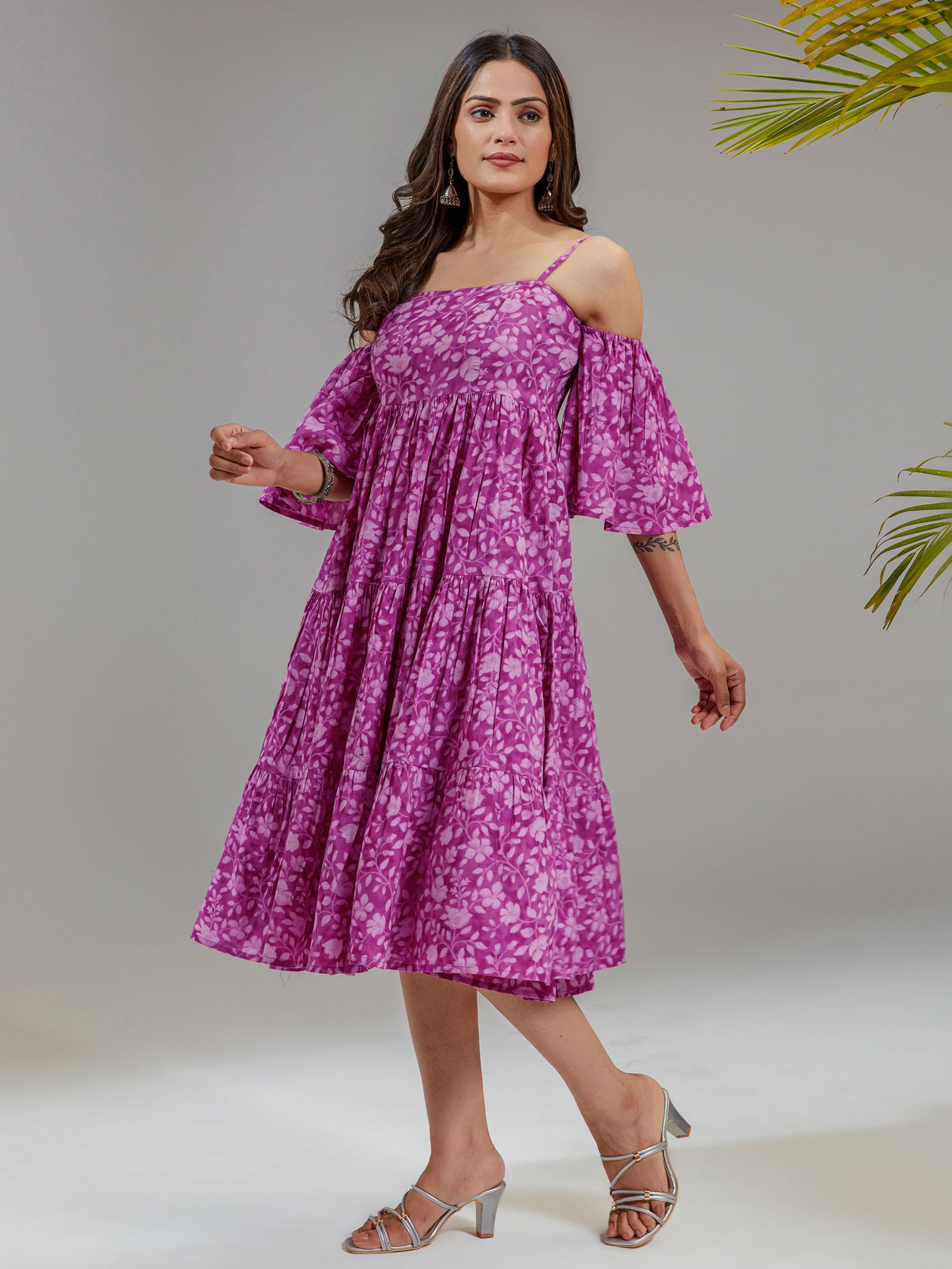Pink Cotton Floral Printed Flared Dress