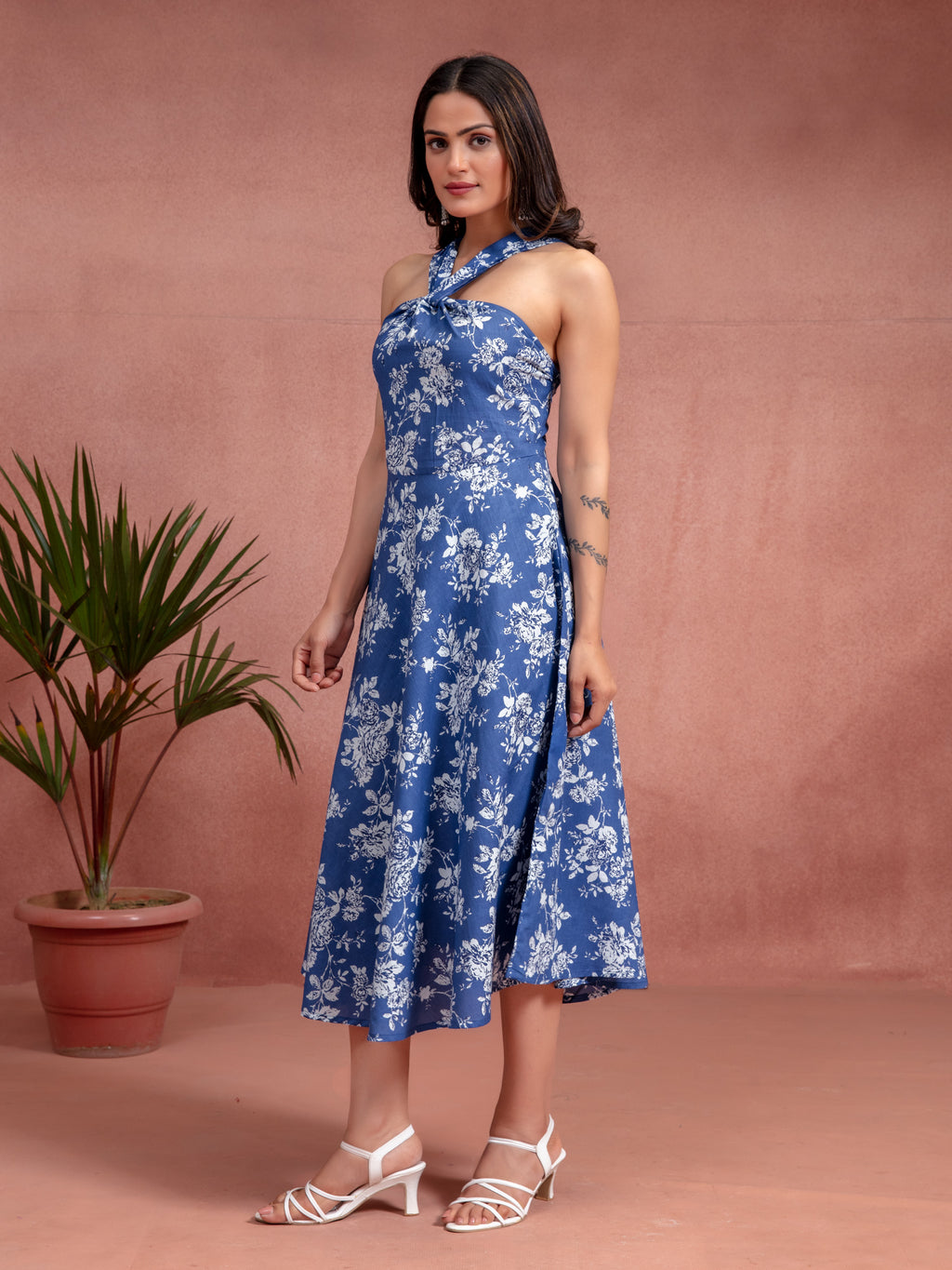 Blue Cotton Floral Printed Flared Dress