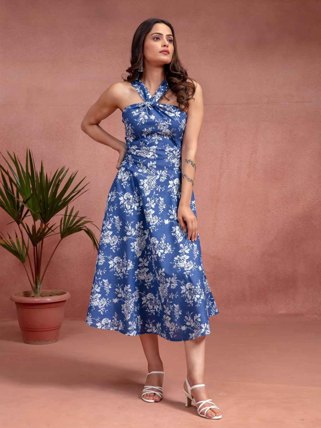 Blue Cotton Floral Printed Flared Dress