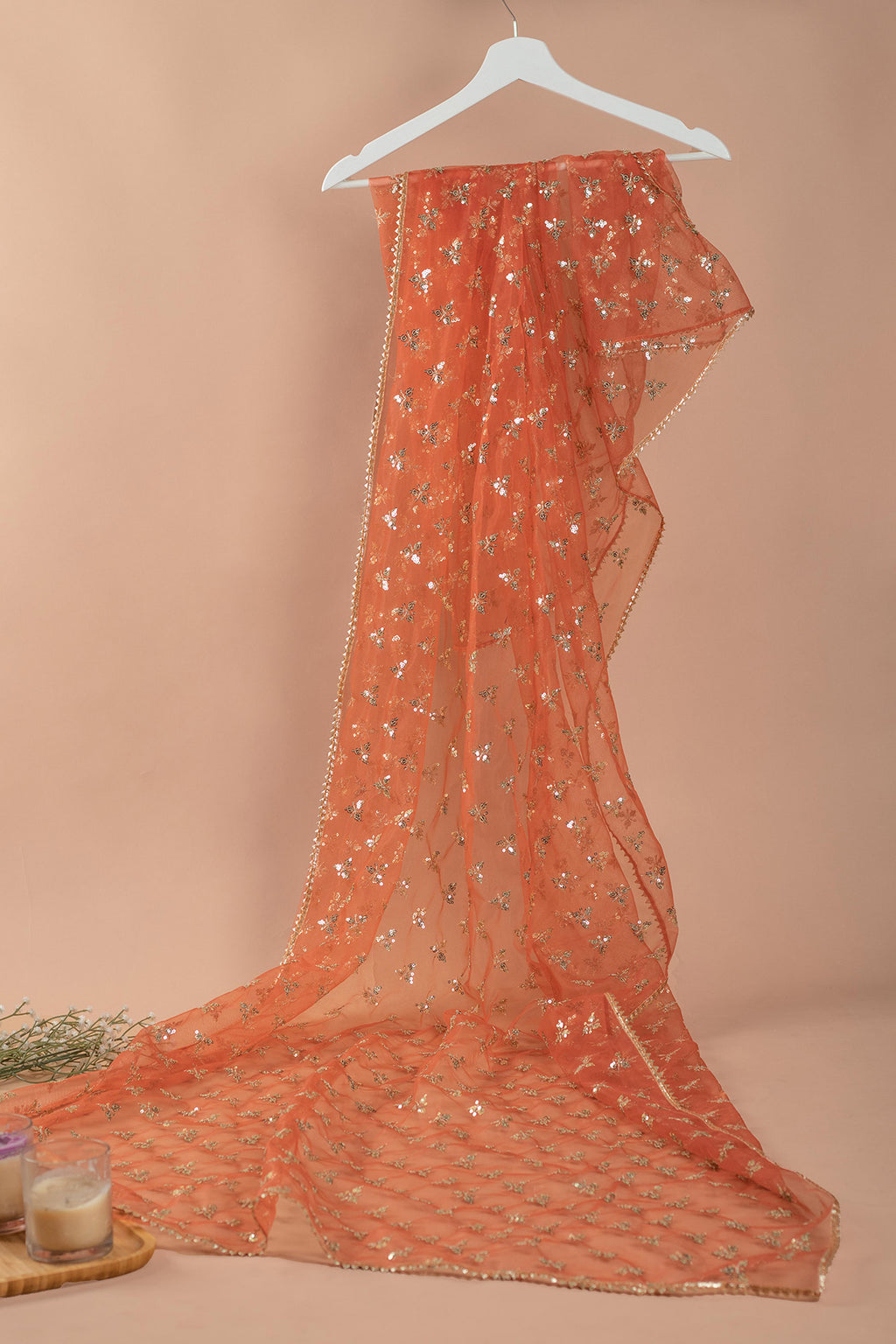 Orange & Gold-Toned Ethnic Motifs Embroidered Dupatta