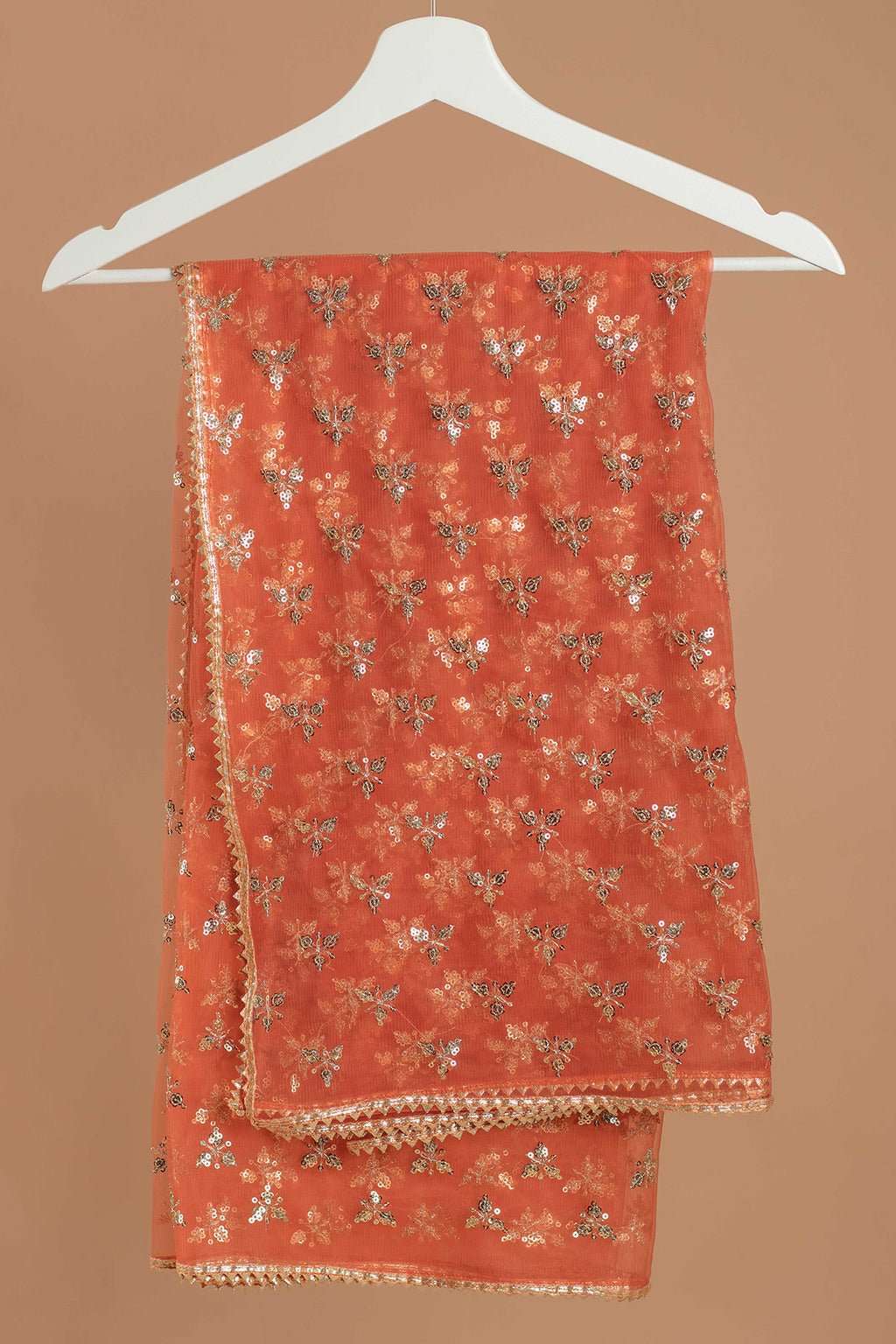 Orange & Gold-Toned Ethnic Motifs Embroidered Dupatta