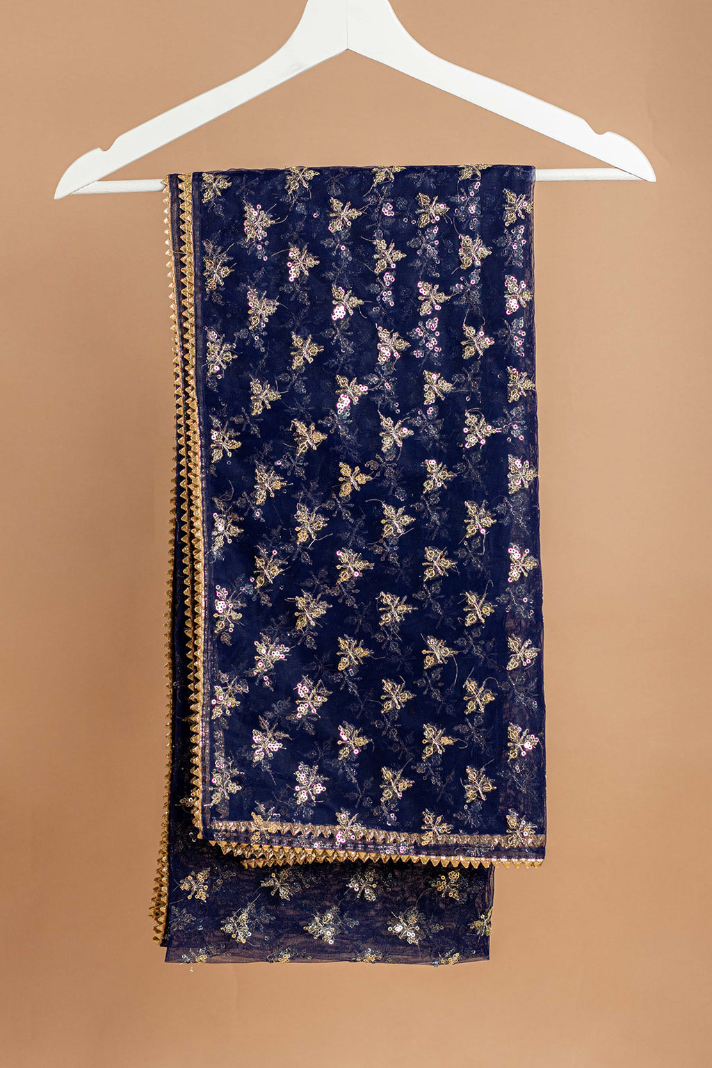 Navy Blue & Gold-Toned Ethnic Motifs Embroidered Dupatta