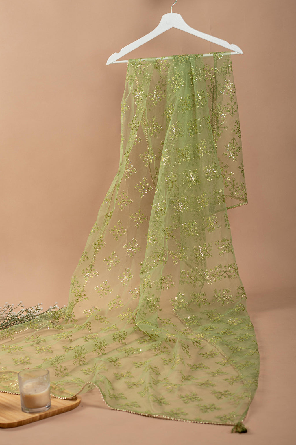 Green Ethnic Motifs Embroidered Gotta Patti Dupatta