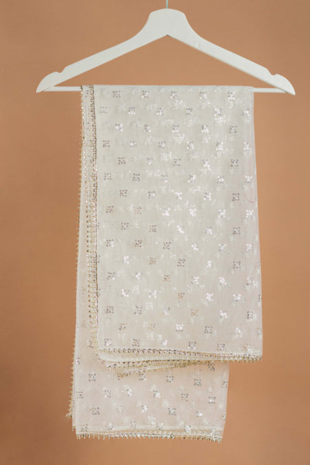 White Ethnic Motifs Embroidered Dupatta